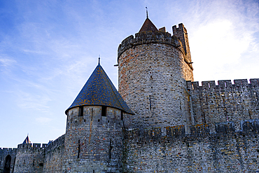 Evening atmosphere in Carcassonne, Languedoc-Roussillon France. Walls, towers and ramparts of the the Cite de Carcassonne which is a UNESCO World Heritage Site.