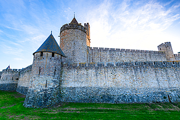 Evening atmosphere in Carcassonne, Languedoc-Roussillon, France. Walls, towers and ramparts of the the Cite de Carcassonne which is a UNESCO World Heritage Site.