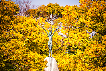 Children's Peace Monument against beautiful golden autumnal leaves Hiroshima, Japan