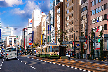 Central Hiroshima, Japan, Vintage street car on the tracks