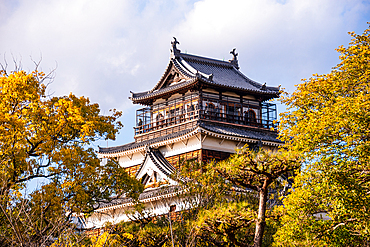 Hiroshima Castle main tower in yellow autumnal leaves. Hiroshima, Japan,