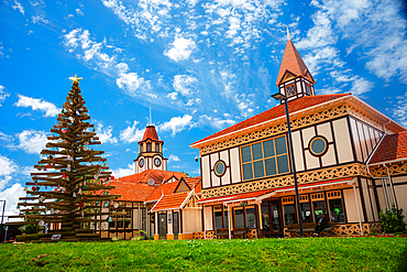 Christmas tree and Rotorua Museum / Te Whare Taonga o Te Arawa. Old Bath House, Museum of Art & History, Rotorua, North Island, New Zealand