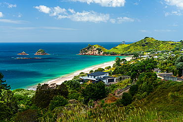 Beautiful tropical bay, with vibrant colors of the sea and green hills, Hahei, Coromandel Peninsula, North Island, New Zealand, Pacific