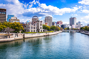 Riverside View of Atomic Bomb Dome and Cityscape Along the Motoyasu River in Hiroshima, Japan