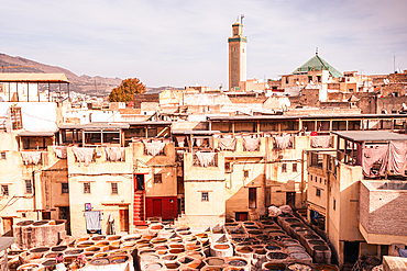 Chouara Tannery Seen from Above with Minaret and Mountain Views in Fes, Morocco