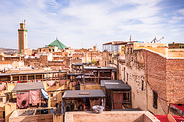Minaret and Rooftop Architecture Above the Medina of Fes Near Chouara Tannery, Morocco