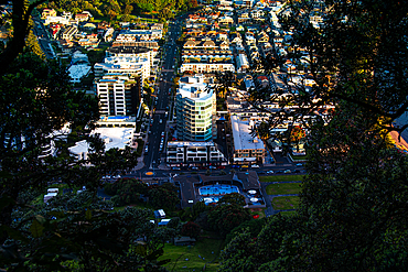 Aerial view from Mount Maunganui of hotel and residential area in evening light, Tauranga, Bay of Plenty, North Island, New Zealand, Pacific