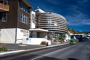 Modern Architecture of Kaikoura’s Iconic Whale Watch Building Along the Main Street, New Zealand