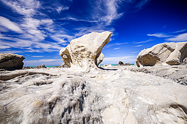 Unique Coastal Rock Platform with Tide Pool and Fossil-Like Textures on Ward Beach, Marlborough, New Zealand