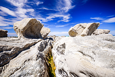 Rounded Coastal Rock Structures on Bleached Limestone Beds at Ward Beach, Marlborough, New Zealand