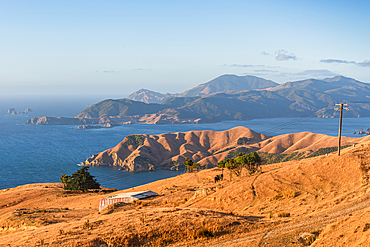 Golden Hills and D’Urville Island Seen from Remote Ridge Above French Pass with Cape Jackson in the Distance, Marlborough Sounds, New Zealand