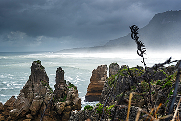 Dramatic Coastal Sea Stacks at Pancake Rocks in Stormy Weather, Punakaiki, West Coast, New Zealand