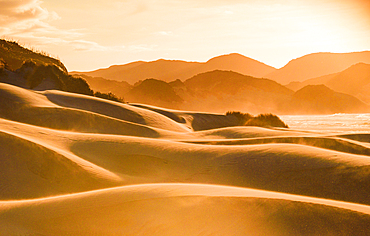 Golden Sand Dunes and Sunset-Hued Hills at Remote Wharariki Beach Near Cape Farewell, South Island, New Zealand