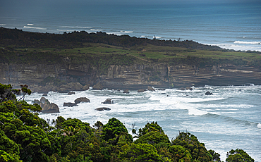 Expansive Coastal View Overlooking Rugged Cliffs and Dense Rainforest Near Paparoa National Park, West Coast, New Zealand
