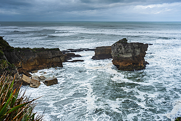 Rocky Coastal Platform and Crashing Tasman Sea Swells at Punakaiki, West Coast, New Zealand