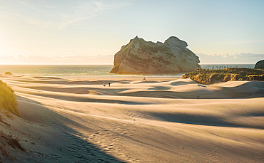 Soft Morning Light Illuminating Sand Dunes and Rock Stack at Wharariki Beach, Golden Bay, South Island, New Zealand
