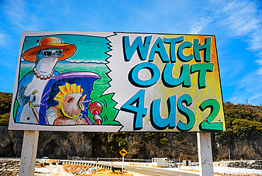Colorful “Watch Out 4 Us 2” Roadside Wildlife Sign Featuring Dolphin and Fish, New Zealand