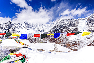 Panoramic View of Langtang Lirung and Langtang Valley Framed by Colorful Prayer Flags on Snowy Kyanjin Ri Summit, Langtang National Park