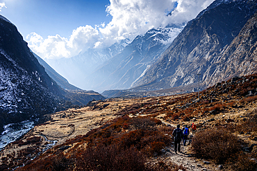 Trekking group walking alpine trail into a glacial valley surrounded by massive Himalayan walls in Langtang, Nepal