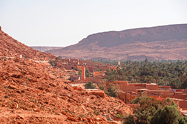 Traditional mudbrick village nestled in the Ziz Valley with lush palm grove and red desert cliffs