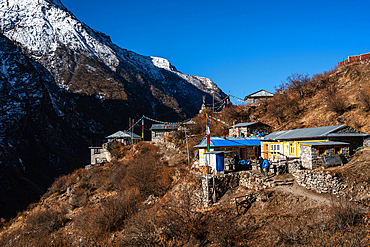 Traditional stone-built houses perched on hillside in Langtang Valley with snowy Himalayan backdrop