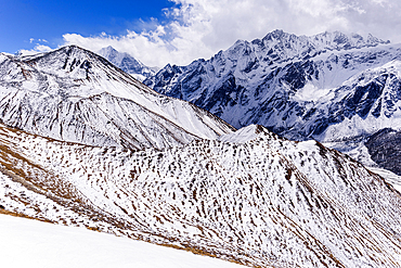 Panoramic view of snow-covered Tserko and other summits near , Langtang Valley, Nepal