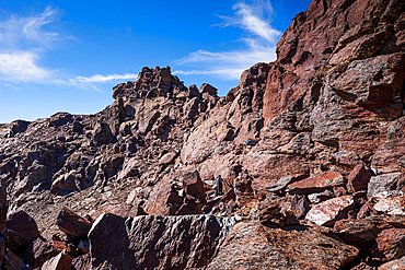 Dramatic volcanic-like rock formations, Sierra Nevada National Park, Andalusia, Spain. Rugged geology of the Iberian Peninsula’s highest peak.
