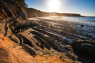 Sunlight on eroded coastal cliffs and rock shelves at Cape Foulwind, West Coast of the South Island, New Zealand.