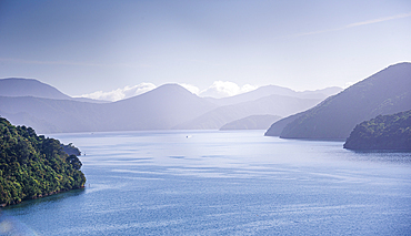 Peaceful dawn scene over Marlborough Sounds, a coastal region of South Island, New Zealand, with misty bays and mountains.
