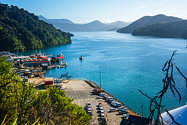 Large cruise liners moored at Picton, the main port of Marlborough Sounds, South Island, New Zealand.
