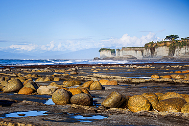 Cape Foulwind intertidal boulders with limestone cliffs and Tasman Sea horizon West Coast New Zealand