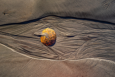 Close-up of a solitary spherical boulder resting on dark sand with rippling erosion patterns. Captures the texture natural artistry and timeless beauty of New Zealand’s rugged coastline.