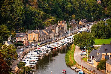 Aerial view of Marina with boats docked along the River Rance in historic town of Dinan Brittany France. Port de Dinan