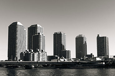 Black and white skyline highrise building of Sumida River, Chuo City, Tokyo, Honshu, Japan, Asia