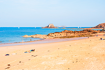 : Scenic sandy beach and rocky islets near Saint-Malo Brittany France summer coast