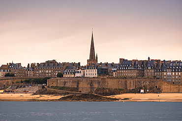 Saint Malo old town skyline with Saint Vincent Cathedral spire above medieval city walls in Brittany France