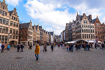 Tourists walking through the Grote Markt, the main square of Antwerp, Belgium