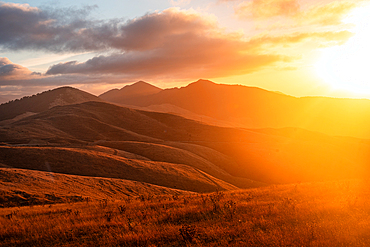 Golden sunset casting soft light over the rugged hills of French Pass, Marlborough Sounds, South Island, New Zealand