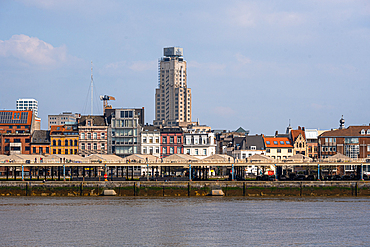 Skyline and River Schelde waterfront, central Antwerp, Belgium, Europe