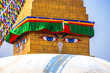 Close up of the face of the Buddha on Stupa, Bouddha (Boudhanath), UNESCO World Heritage Site, Kathmandu, Nepal, Asia