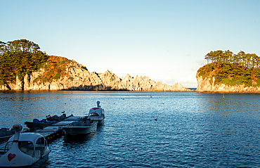 Sunset panoramic view of the white cliffs of Jodogahama, Miyako Bay, the sea of northern Honshu, Iwate prefecture, Japan, Asia