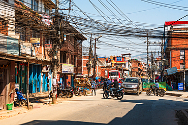 Busy road in Bhaktapur, Kathmandu Valley, Nepal, Asia