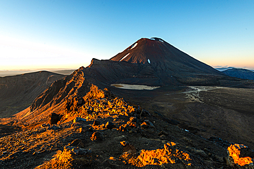 Mount Ngauruhoe during sunrise and sunsrise on Mount Tongariro, Tongariro National Park, UNESCO World Heritage Site, North Island, New Zealand, Pacific