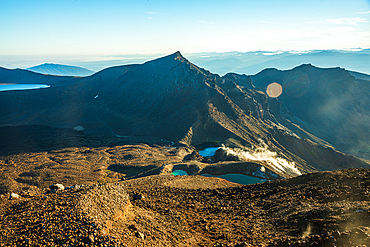 Sunrise above the Emerald Lakes, view from red crater, Tongariro National Park, UNESCO World Heritage Site, North Island, New Zealand, Pacific