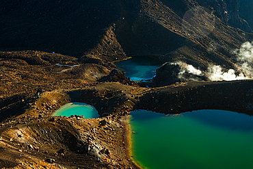 The three emerald lakes and volcano landscape of the Tongariro Alpine Crossing, Tongariro National Park, UNESCO World Heritage Site, North Island, New Zealand, Pacific