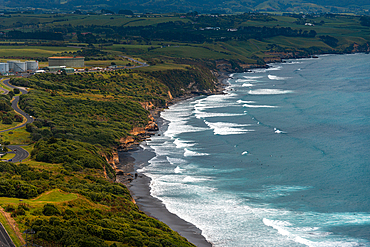 Aerial view along the blue coastline of the North Island close to New Plymouth, North Island, New Zealand, Pacific