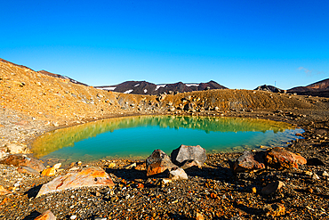 Wide angle view of an Emerald Lake in front of Red Crater Volcano in the Tongariro National Park, UNESCO World Heritage Site, North Island, New Zealand, Pacific