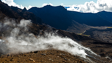 Steam of the volcano on ashes and arid landscapes, Tongariro National Park, UNESCO World Heritage Site, North Island, New Zealand, Pacific