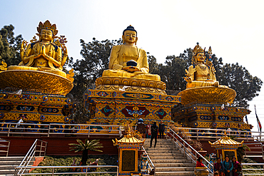 Golden Buddha Statues at Swayambhu Buddha Park, Ring Road Shakya Mahakala Temple, Kathmandu, Nepal, Asia