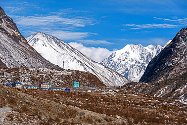 Langtang village in front of towering ice capped mountains Tserko Ri and Gangchempo, Langtang village, Langtang Valley, Himalayas, Nepal, Asia